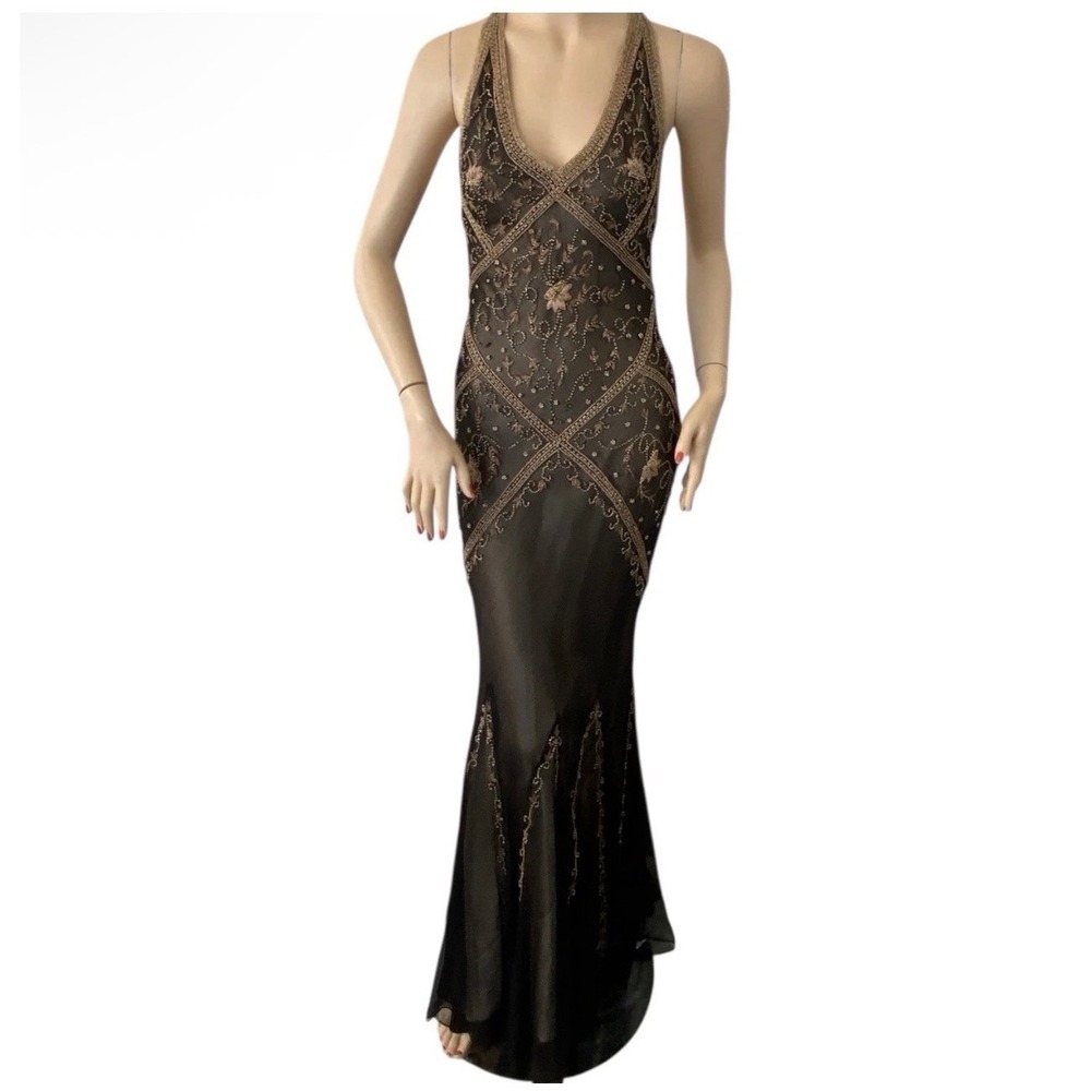 Vintage Cache Silk Beaded Open Back Formal Y2K Gown Dress Black 90s Size 2 - Picture 2 of 16